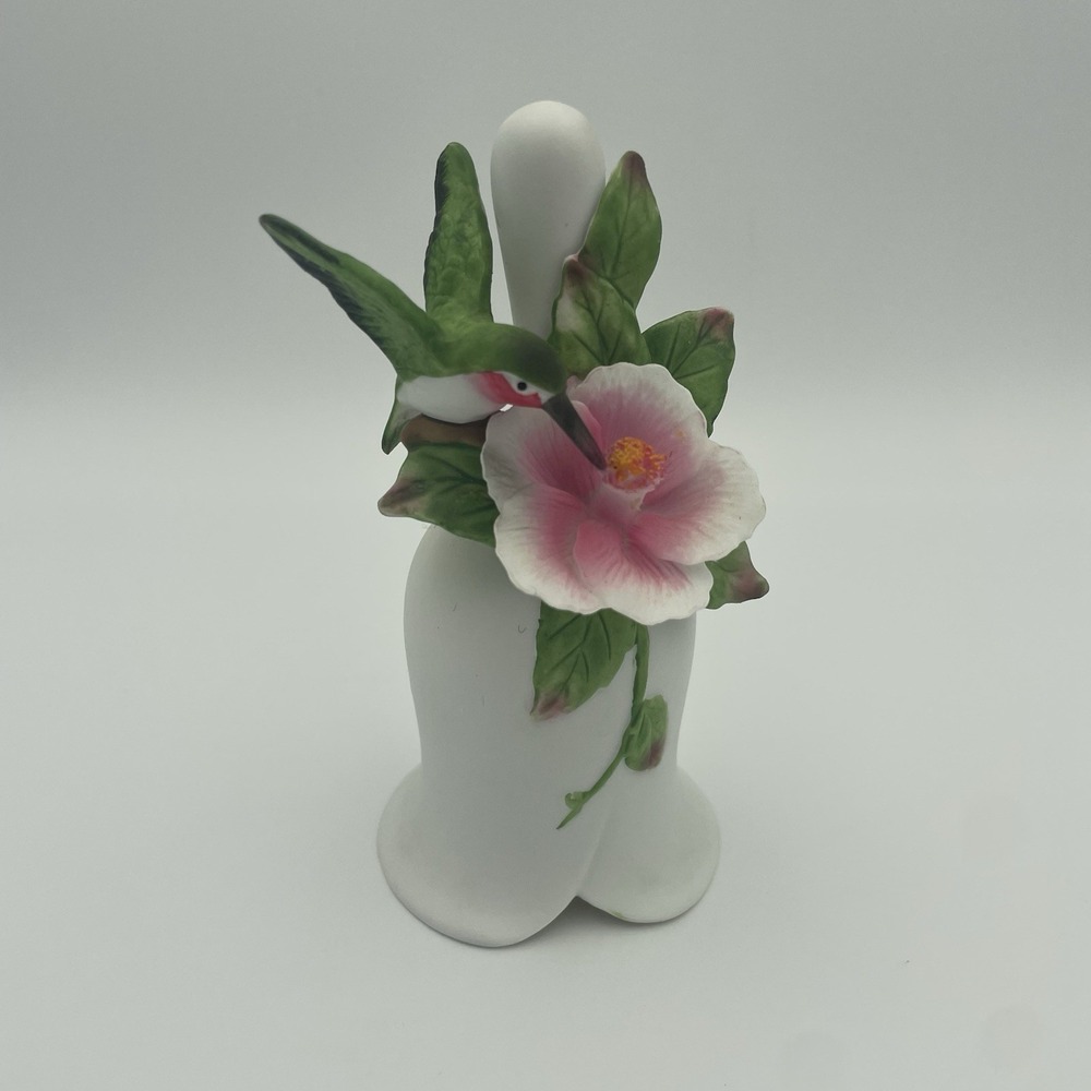 Hummingbird‎ Bell White Porcelain- Green Bird- Pink Flower- Working Clapper
